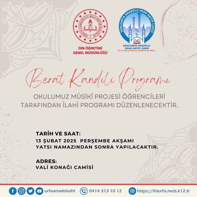 BERAT KANDİLİ PROGRAMI Şanlıurfa Anadolu İmam Hatip Lisesi